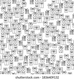 A seamless pattern with gift boxes. Prersent outline. Birthday pattern.