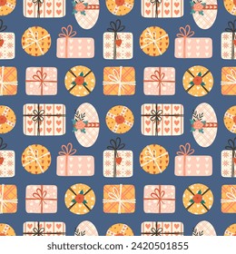 Seamless pattern with gift boxes. Present package wrapped in festive paper with tied bow, ribbon, string. Design of wrapping paper for Christmas, Xmas, valentine's day, birthday and New Year.