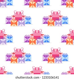 Seamless pattern with gift boxes. Presents. Happy New Year 2019, Christmas, Birthday, mothers day vector background. Sale, shopping concept.