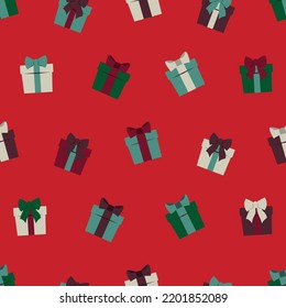 Seamless pattern with gift boxes, presents on a red background. Christmas, cartoon holidays repeating print. For wrapping paper, scrapbooking, textile, fabric. Vector illustration.