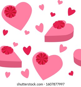 Seamless pattern of gift boxes and red and pink hearts for Valentine's Day. Hand-drawn scrapbooking paper background. Stock flat vector illustration isolated on white background.
