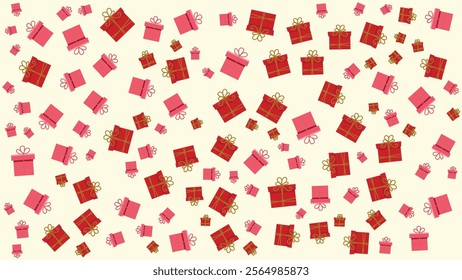 Seamless Pattern of Gift Boxes with Red and Pink Wrapping and Golden Ribbons on a Cream Background Romantic background, Valentine's day design