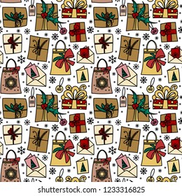 Seamless pattern with gift boxes, ribbons and bows. Winter holiday presents in hand drawn doodle style. Vector illustration. Isolated on white background. Perfect for wrapping paper, fabric print
