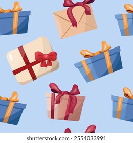 Seamless pattern with gift boxes, ribbons, and envelopes