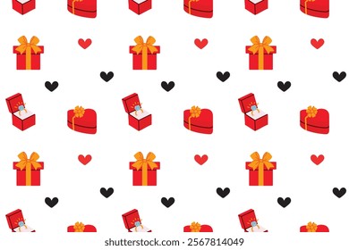 Seamless pattern with gift boxes, ring and hearts. Vector illustration.