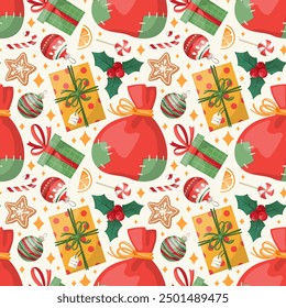 Seamless pattern with gift boxes, santa's bag, candy cane, christmas ball, holly. Hand drawn cartoone style. Perfect for fabric, scrapbooking, banner, card, wrapping paper, textile, wallpaper.