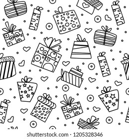 seamless pattern with gift boxes set. Christmas presents vector illustration. Doodle