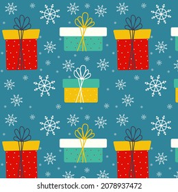 Seamless pattern with gift boxes and snowflakes. Vector print.