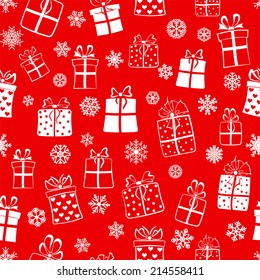 Seamless pattern of gift boxes and snowflakes, white on red