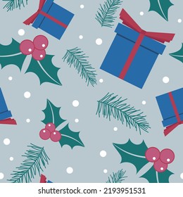 Seamless pattern with gift boxes and snowflakes.