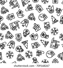 Seamless pattern. Gift boxes, snowflakes, winter Christmas and New Year holidays characters and symbols. Black and white color. Vector illustration