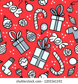 Seamless pattern with gift boxes, socks, christmas balls and sweets on red background. Vector pattern for Christmas, New Year's Day, Winter Holidays. Background for gift wrapping paper, textille