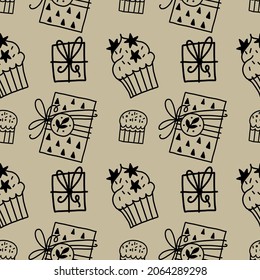 Seamless pattern with gift boxes and sweets. Vector illustration. Perfect for Christmas and New Year’s prints, postcards or any backgrounds.