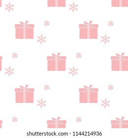 Seamless pattern with gift boxes tied with ribbons and snowflakes. Design for postcard, invitation, banner.