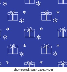 Seamless pattern with gift boxes tied with ribbons and snowflakes. Design for postcard, invitation, banner.