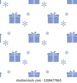 Seamless pattern with gift boxes tied with ribbons and snowflakes. Design for postcard, invitation, banner.