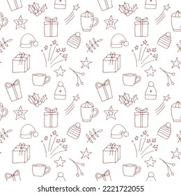 Seamless pattern of gift boxes, twigs, cones and hans vector illustration, hand drawing