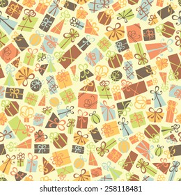 Seamless pattern of gift boxes. Various boxes on light background. Vector illustration. 
