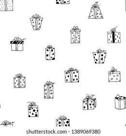 Seamless pattern of gift boxes. Vector cartoon background. Hand-drawn style.
