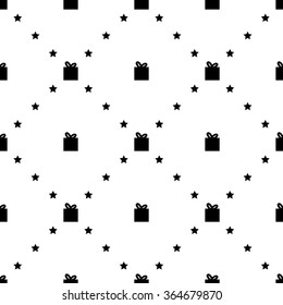 Seamless pattern with gift boxes for web, print, wallpaper, wrapping, scrapbooking, textile, background for invitation card or holiday decor. Black elements on white.