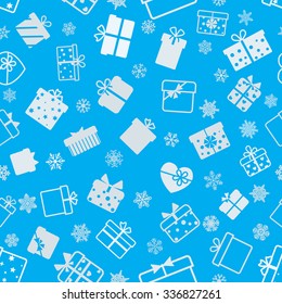 Seamless pattern of gift boxes, white on light blue
