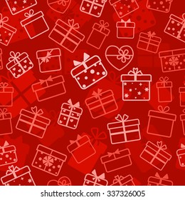 Seamless pattern of gift boxes, white on red