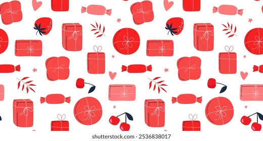 Seamless pattern with gift boxes, wrapped with ribbons, on a background of berries, stars, hearts. Vector graphics.