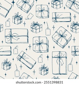 Seamless pattern with gift boxes,ribbon bows and sparkling stars. Doodle vector illustration.