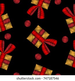 Seamless pattern with gift embroidery stitches imitation on the black background. Holiday embroidery background.
