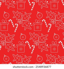 Seamless pattern with gift, holly berries, snowflakes, Christmas tree decorations and candy cane on red background