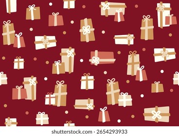 seamless pattern gift present christmas colorful stack texture in dark red maroon gold white colour doodle hand drawn illustration textile wrap print greetings card theme decoration ornament xmas art