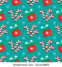 Seamless pattern with gift and sweet. Flat design. Christmas illustration. Design element for wallpaper, wrapping paper, banner or fabric.