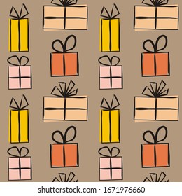 Seamless pattern for gift wrapping paper. Brown background with Yellow-orange gift boxes with bows. Hand-drawn gift boxes in doodle style. Vector illustration