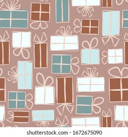 Seamless pattern for gift wrapping paper. Background with gift boxes with bows. Hand-drawn gift boxes in doodle style. Vector illustration
