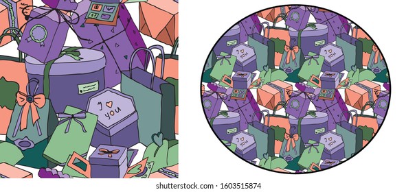 seamless pattern with gift wrapping in vibrant doodling colors