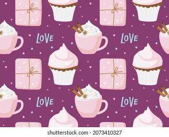 Seamless pattern with giftbox, cupcakes, creamy hot drink with spices and lettering Love. St. Valentine's Day or Wedding or Christmas repeated background. Pink Romantic flat vector illustration
