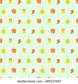 Seamless pattern with gift,christmas ball, bell and sock.Seamless pattern included in swatch panel.Vector background.