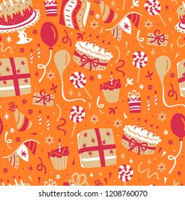 Seamless Pattern with Gifts, Balloons, Confetti and Cakes.
