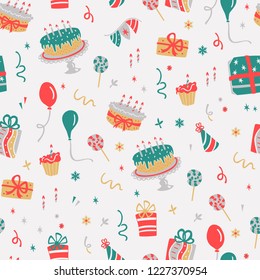 Seamless Pattern with Gifts, Balloons, Confetti and Cakes.