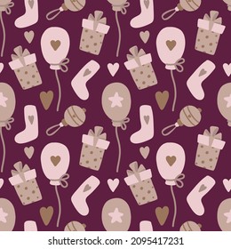 Seamless pattern with gifts, balloons, socks. Vector background for digital paper, giftware, textile, bedding, baby shower cards, invitations. Girls pattern on pink background. Hand drawn elements