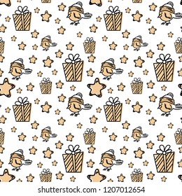 Seamless pattern with gifts and birds on cream background with branches all round. For wrapping papers and decorative uses