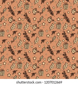 Seamless pattern with gifts and birds on cream background with branches all round. For wrapping papers and decorative uses