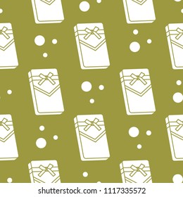 Seamless pattern with gifts boxes, bandaged with ribbons and bow.