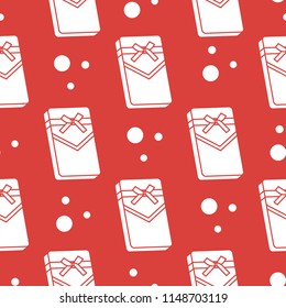 Seamless pattern with gifts boxes, bandaged with ribbons and bow.