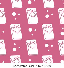 Seamless pattern with gifts boxes, bandaged with ribbons and bow.