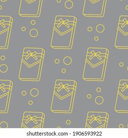 Seamless pattern with gifts boxes, bandaged with ribbons and bow. Illuminating and Ultimate Gray.