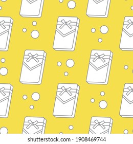 Seamless pattern with gifts boxes, bandaged with ribbons and bow. Illuminating and Ultimate Gray.