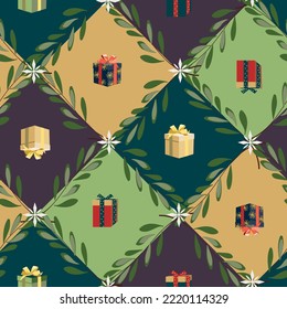 seamless pattern with gifts boxes and branches. Vector design for paper, fabric and other surface