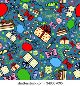 Seamless pattern with gifts, candies, inflatable balls, bows, cake and crackers