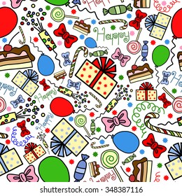 Seamless pattern with gifts, candies, inflatable balls, bows, cake and crackers